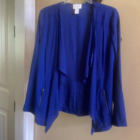 Chico’s Cobalt Blue Offset Asymmetrical Cardigan Sweater W/ Zipper Pockets XS - Picture 7 of 16